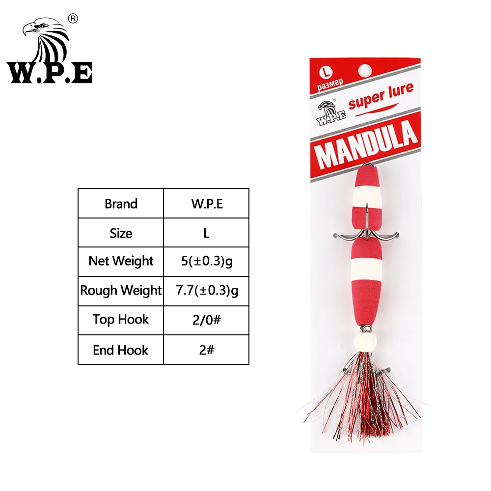 W.P.E Brand New MANDULA 50color Size L Bass Lure Soft Fishing Bass Lure Density Foam Swim Baits 5g with 2 Treble Hooks 2/0# 2#