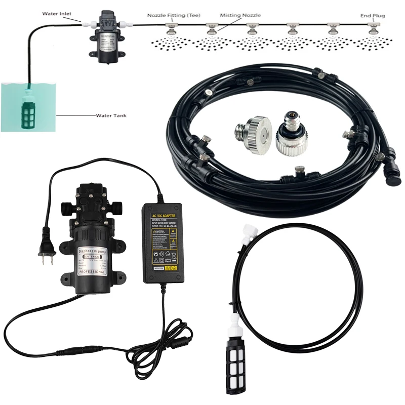 

DC12V Water Pump Sprayer Patio Mist Cooling System UNC 10-24 Silver Nozzles Mister Kit 6-18 Meters