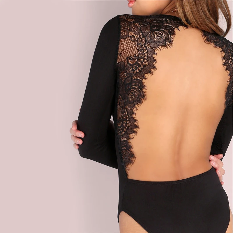 Hollow Backless Lace Patchwork Bodysuit For Women O neckline Female Skinny Romper Body-tight Sexy Black Nightgown Jumpsuit