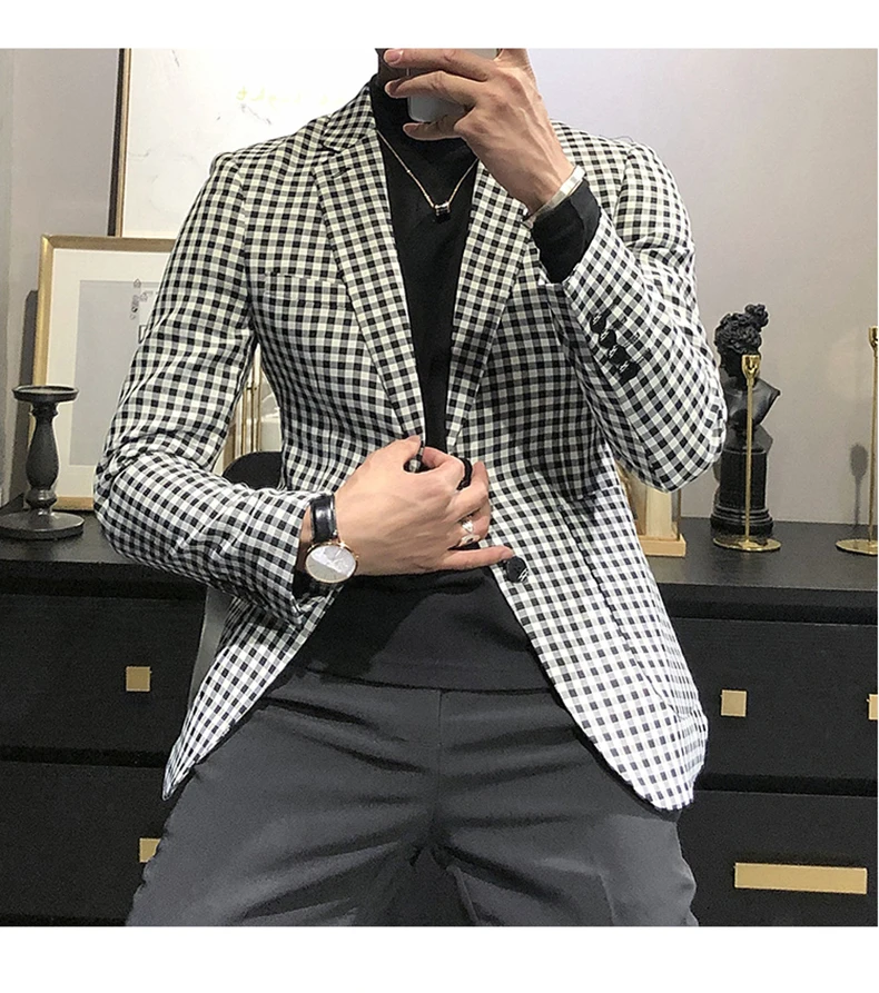 

Mens Tuxedos Fashion White and Black Small Lattice Men's Blazer Wedding Groom Mens Suit （Only Jacket））