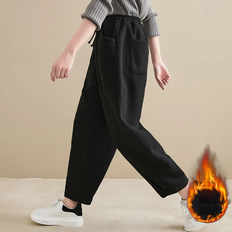 Winter New Trendy Warm Fleece Thick Oversize Loose Casual Trouser Women Solid Color Elastic Waist Versatile Premium Sweatpants