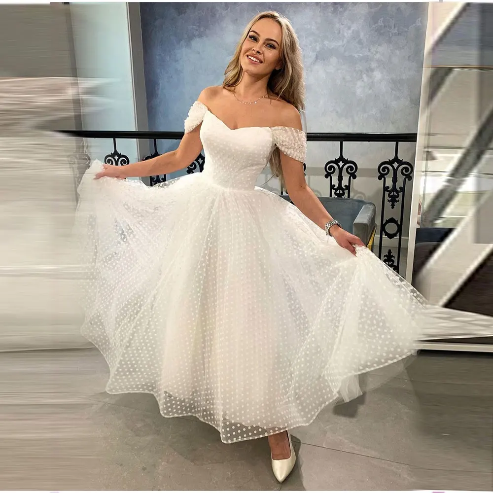 Einfache A Line Short Hochzeit Kleid 2021 Weg Von Der Schulter Dot Tüll Brautkleid Knöchel Länge Günstige Custom Made Vestidos de Novia