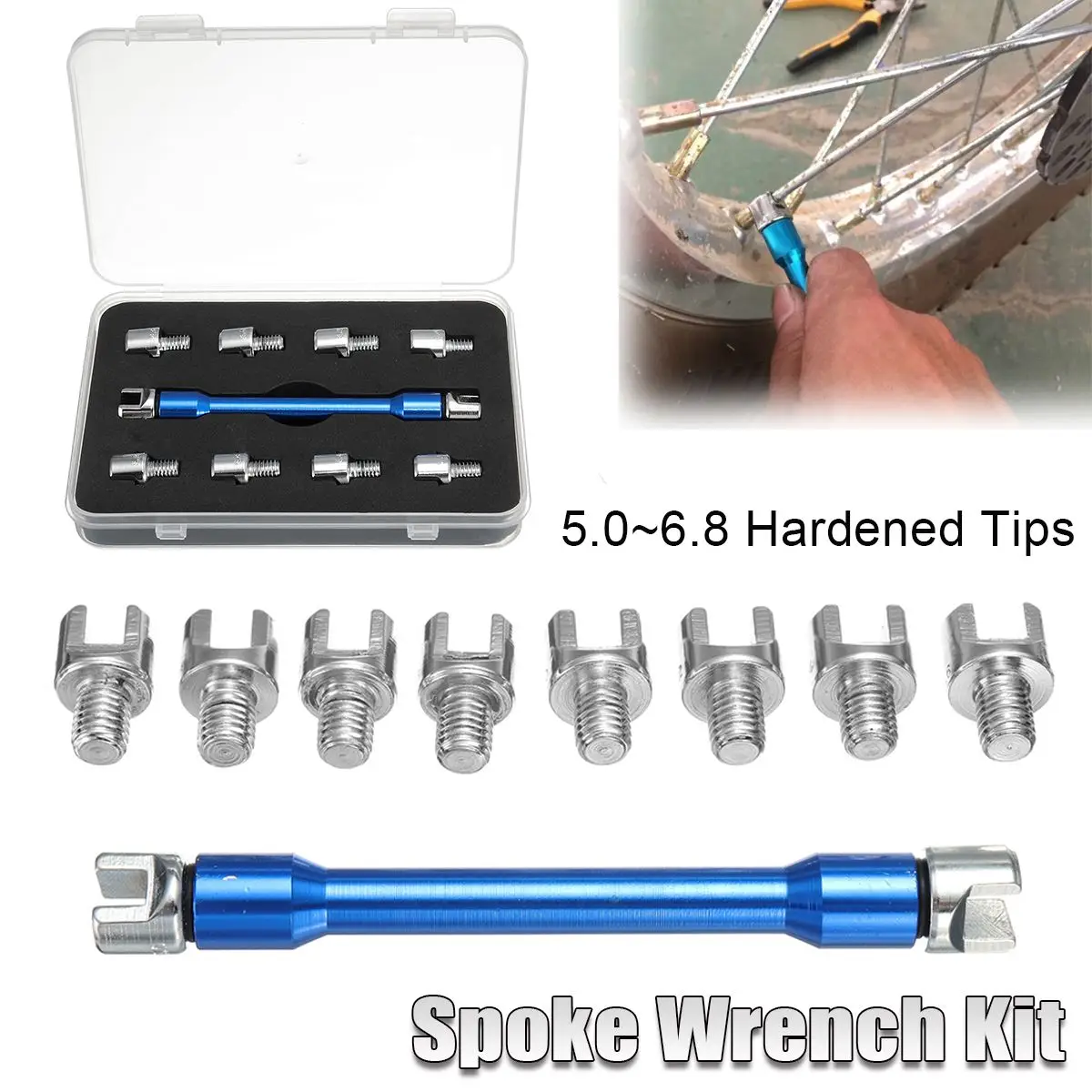 

Blue CNC Motorcycle Spoke Wrench & 10 Pcs Hardened Tips 5.0~6.8 For Most Motorbikes