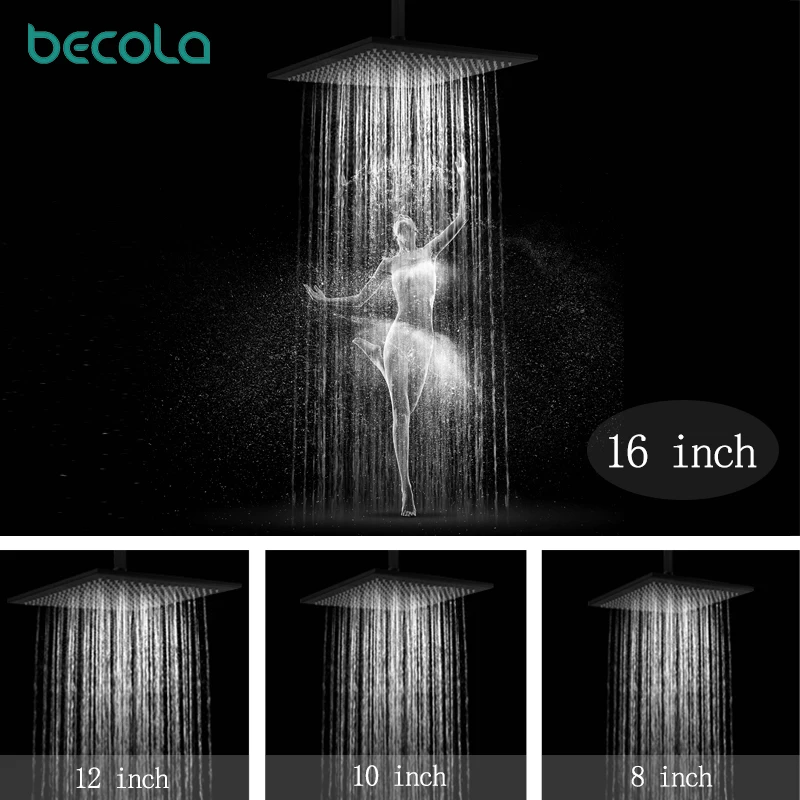 BECOLA 8,10,12,16Inch Square Brass Surface Plating Black Shower Heads Bathroom Square Overhead Rainfall Shower Head BR-0808-1