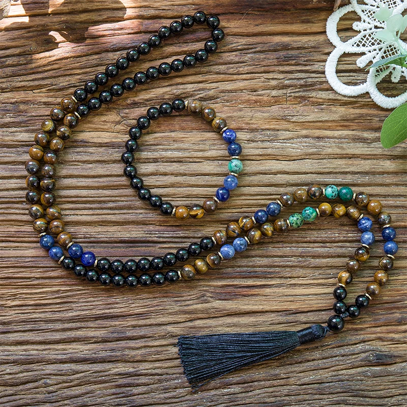 

8mm Natural Tiger Eye Black Onyx African Turquoise Beaded 108 Mala Prayer Necklace Meditation Rosary Jewelry Japamala Set