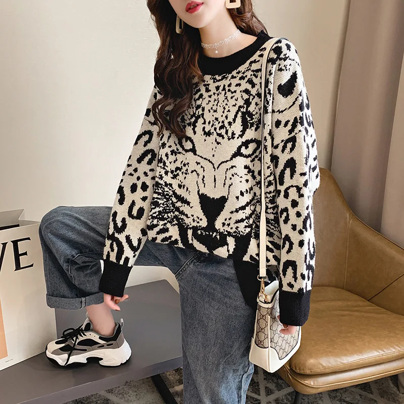 Women Leopard Round Neck Pullover Sweater Long-sleeved Frilly Loose Casual Lazy Tiger Head Sweater Female 2023 Spring