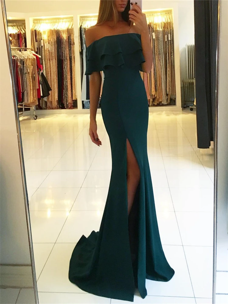 2020 Novo Verde Escuro Da Sereia Vestido de Noite Alta Dividir Boat Neck Off The Shoulder Satin Longo Prom Vestidos de Festa Simples vestidos Baratos