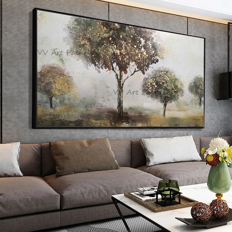 Abstract Gold Foil Country Tree Oil Painting 100% Hand Painted Canvas Palette Knife Textured Horizontal Sofa Wall Decor