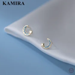 KAMIRA 925 Sterling Silver Korean Star Moon Shiny Blue Zircon Piercing Stud Earrings for Women Party Romantic Simple Jewelry 피어싱