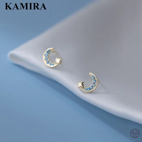 KAMIRA 925 스털링 실버 여성용 스터드 귀걸이, 한국 스타 문 샤이니 블루 지르콘 피어싱, 로맨틱 심플 주얼리 파티