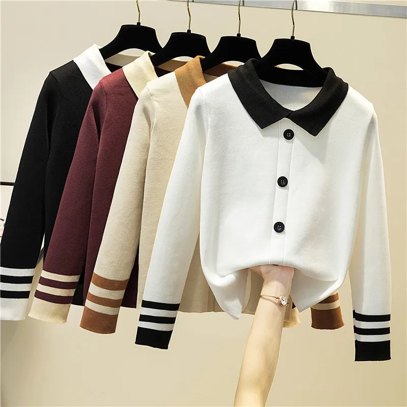 Kontrast Farbe Peter Pan Neck Taste Vorne Stricken Pullover Frauen Frühling Herbst Langarm Nette Pullover Pullover Schwarz Weiß Beige