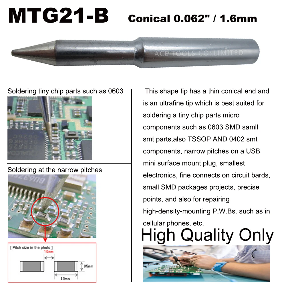 Puntas de soldadura cónicas de MTG21-B, accesorio compatible con WELLER WLC200, SPG80, SP80NUS, SPG80N, SPG80L, 80W, boquilla de hierro, mango, lápiz, 5 unidades