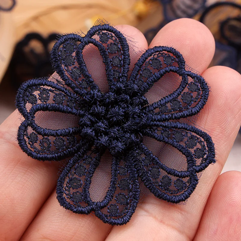 Navy Dark Blue Lace Embroidery Patches Sew Ion on Clothes Organza Flower Butterfly Appliques for Clothing Jeans Dress DIY Stripe