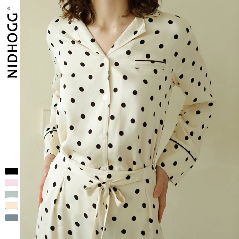 

Couple's Satin Pajamas Turn-down Collar Polka Dot Printing Sleepwear Turn-down Collar Viscose Pijama Mujer Yellow 2 Piece Pyjama