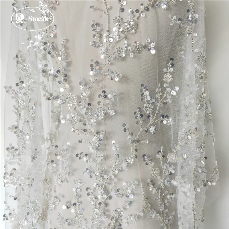 Silver Beaded Sequin Lace Fabric, Wedding Evening Dress, Bridal Dress, Shiny Branches, Sewing Accessories, RS2975