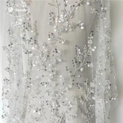 Silver Beaded Sequin Lace Fabric, Wedding Evening Dress, Bridal Dress, Shiny Branches, Sewing Accessories, RS2975