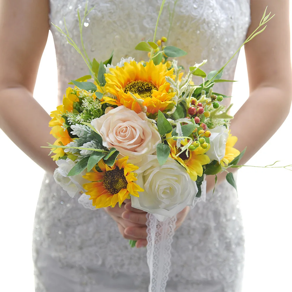 2020 New Arrival Bridal Bouquets Sunflowers with Pink and Ivory Hand Made Flowers 26*28cm Bouquets Free Shipping