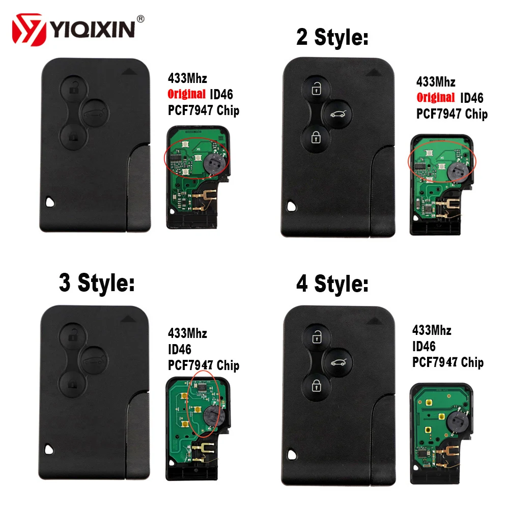 Yiqixin-3 Botão Smart Key Card, 433Mhz, ID46, PCF7926, PCF7947, Chip para Renault Megane 2, 3, Scenic Grand 2003-2008, chave remota do carro