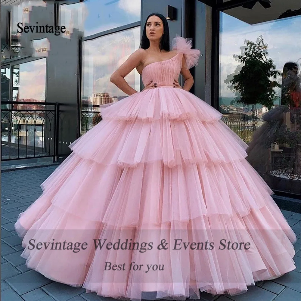 Sevintage Pink One Shoulder Quinceanera Dress Dubai Ball Gown Tiered Pleats Long Formal Prom Gowns Saudi Arabic Sweet 16 Dresses