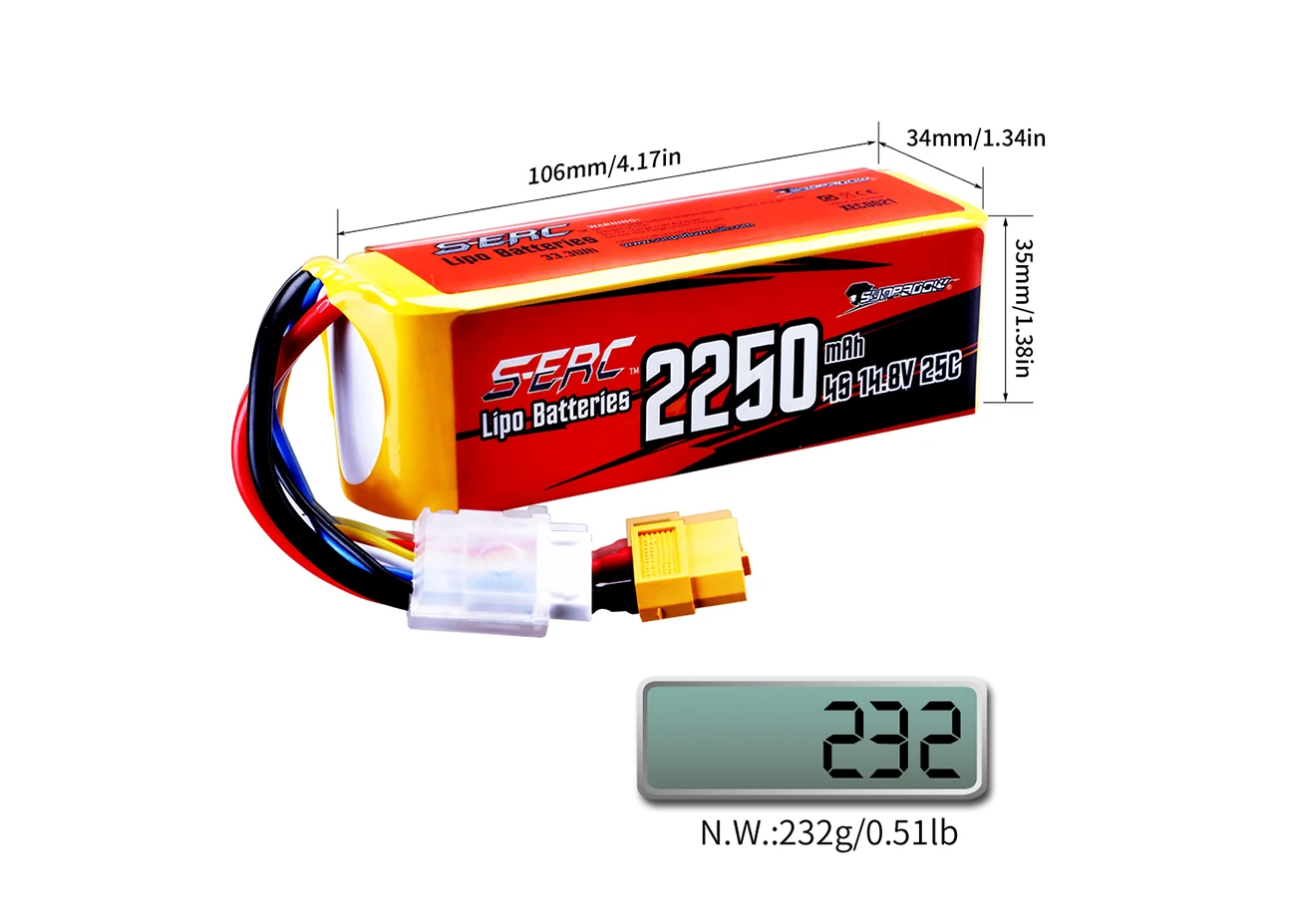 Sunpadow 4S Lipo-Akku 2250 mAh 14,8 V 25 C mit XT60-Stecker für RC-Car-Boot-Modell Racing Hobby 2 Stück – Detail 6