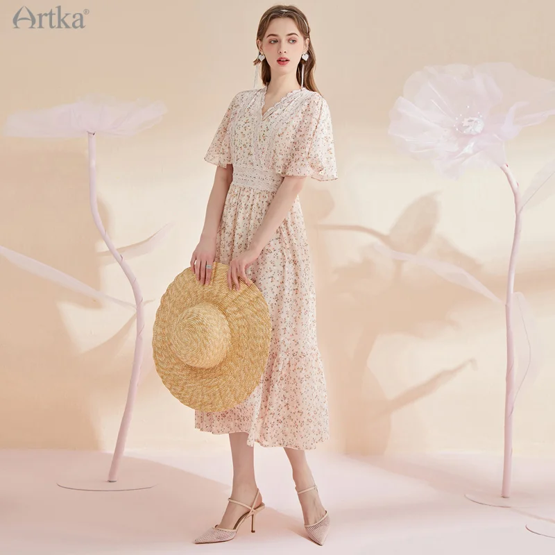 ARTKA 2021 Summer New Women Dress Elegant Floral Print Chiffon Dresses Short Sleeve Lace V-Neck Ruffles Maxi Dress LA25216X