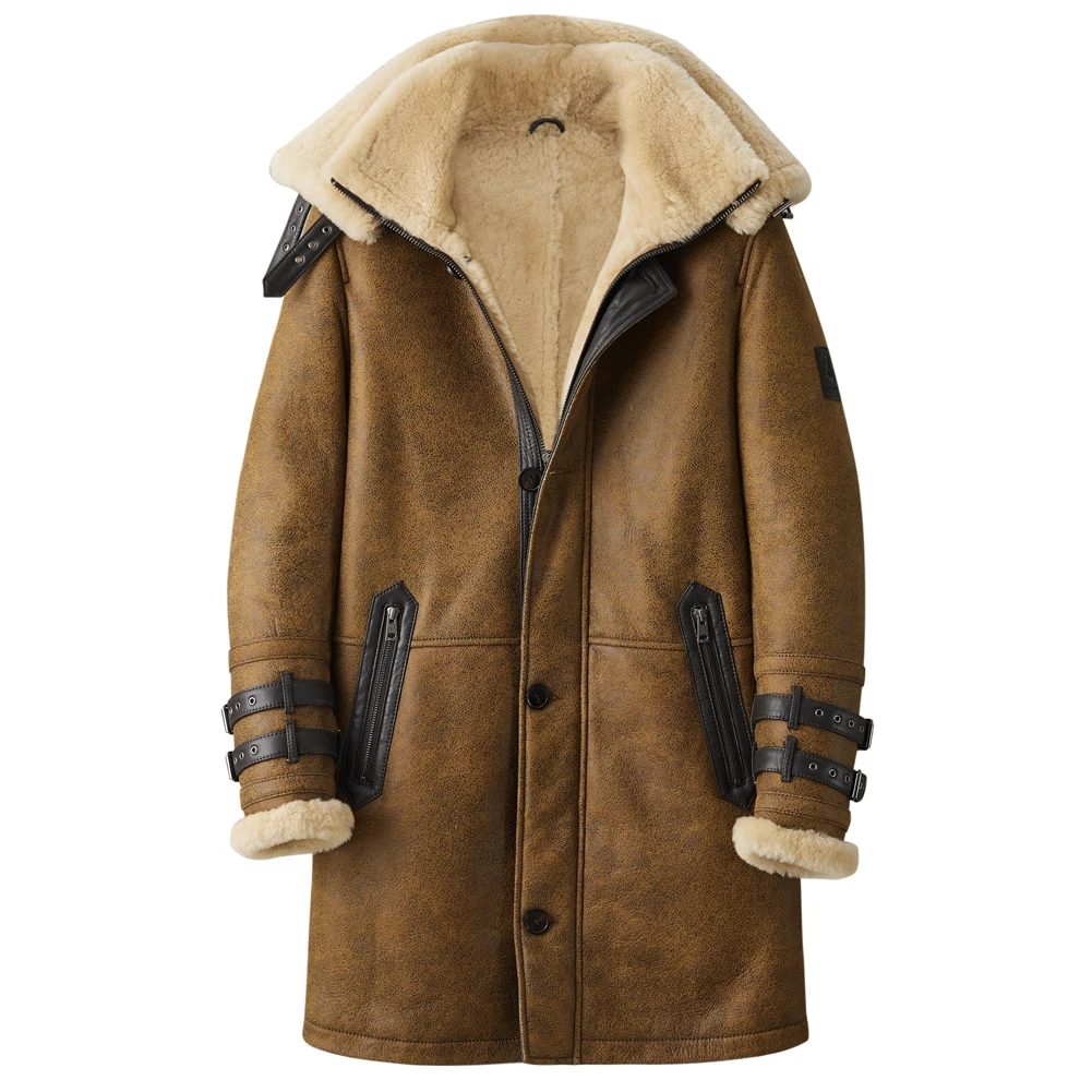 男性用デニー & ドラシャーリングボンバージャケット,ロングスタイルのレザージャケット,冬のコート,毛皮,ヴィンテージ,ブラウン,b7