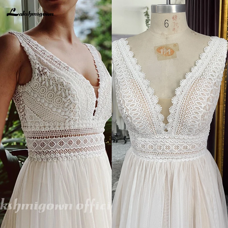 Lakshmigown V neck Bohemian Wedding Dresses Lace Bridal Gowns tulle A-Line Wedding gown Robe De Mariee Country Customized