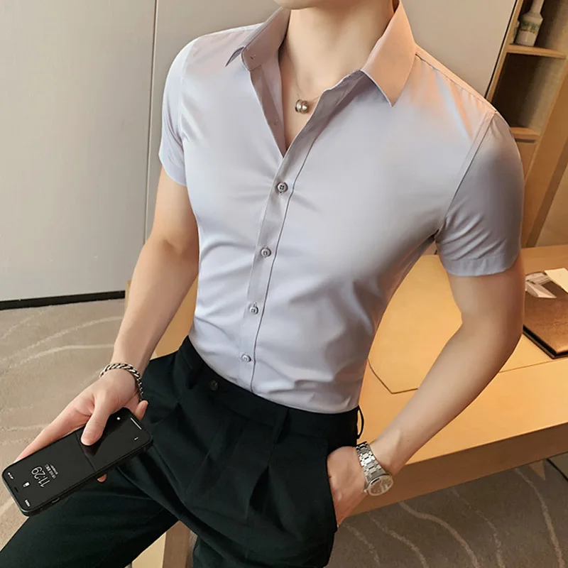 Small Asian Size Summer Fashion New Mens Shirt Korea Styles Short Sleeve Slim Fit Yellow Green White Casual Social Shirts