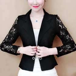 Jacket Women 2024 Long Sleeve V-neck Office Women Jacket Jacket Black White Hollow Lace Jacket Coat Women D105