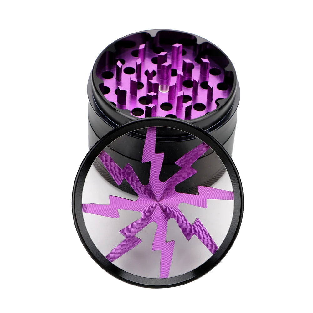 Herb Cutter Grinder Aluminum Alloy Transparent Spice Cutter Latest Lightning-Shaped 63MM 4-layer Cigarette Accessories