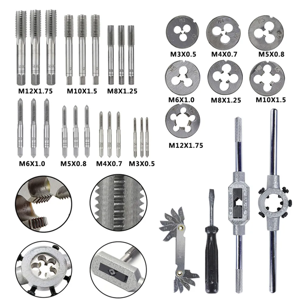 32pc M3-M12 Metric Tap And Die Hand Threading Tool Set ped  Wrench  