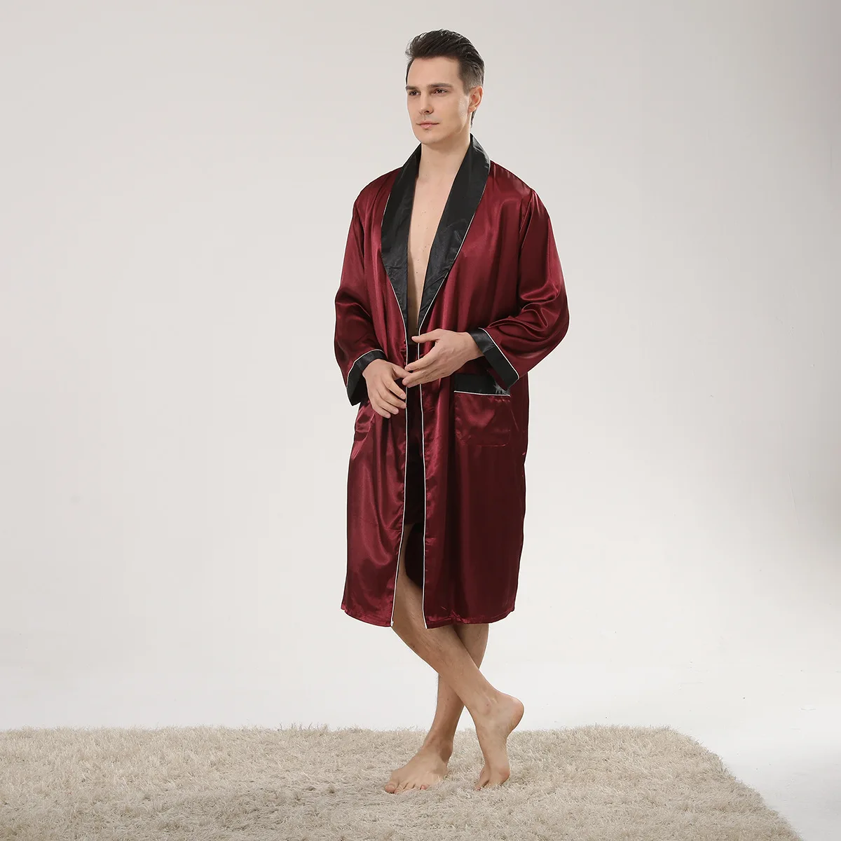 Burgundy Spring Summer Thin Men’s Satin Robe Lightweight Long Sleeve Silk Kimono Bathrobe with Shorts Set Sleepwear