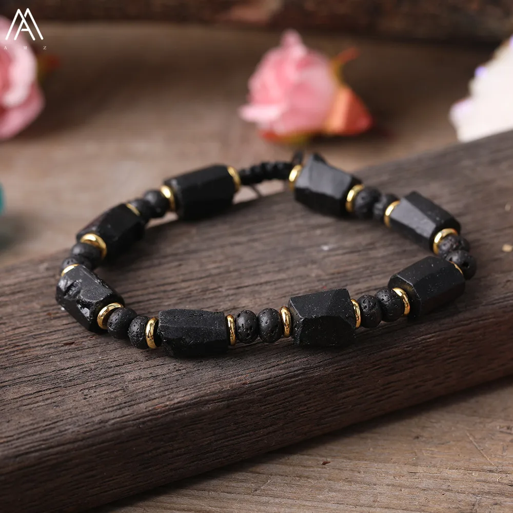 Natürliche schwarze Turmalin-Stein-Nugget-Perlen, schwarze Lava-Rondelle-Perlen, Kordel, geknotet, verstellbares Armband für Damen, Boho-Seil-Armband – Detail 5