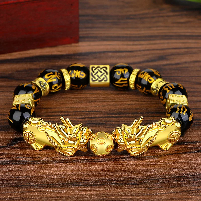 Fengshui Golden Color Pixiu Unicorn Obsidian Beads Bracelet Charm Lucky Wealth for Women Trendy Jewelry Word Proverbs Bracelet