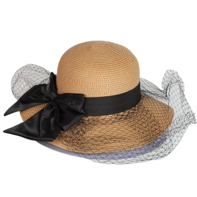 

Wholesale New Fashion Lady Paper Bucket Caps Women Summer Beach Straw hats with big Bowknot