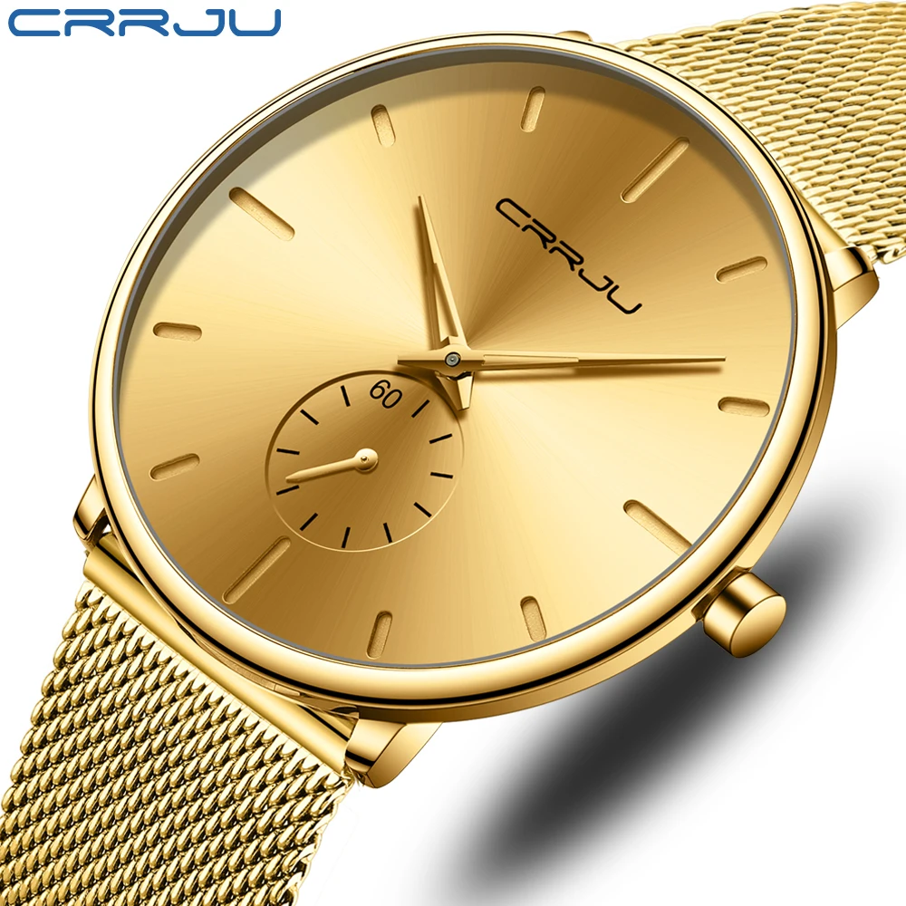 CRRJU Men's Casual Sports Waterproof Watches Luxury Analog Quartz Wrist Watch for Men Stainless Steel Gold Watches 2021