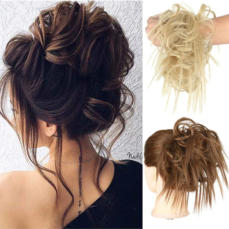 Scrunchies desordenados sintéticos, banda de extensión de cabello elástico, moño recto Updo, postizo de fibra de alta temperatura, cabello falso Natural