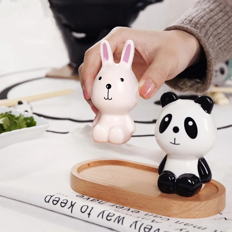 Korean Cute Cartoon Bunny Bear Kitten Panda Ceramic Seasoning Pot Two-piece Creative Home Kitchen Supplies Salt Pepper Pot