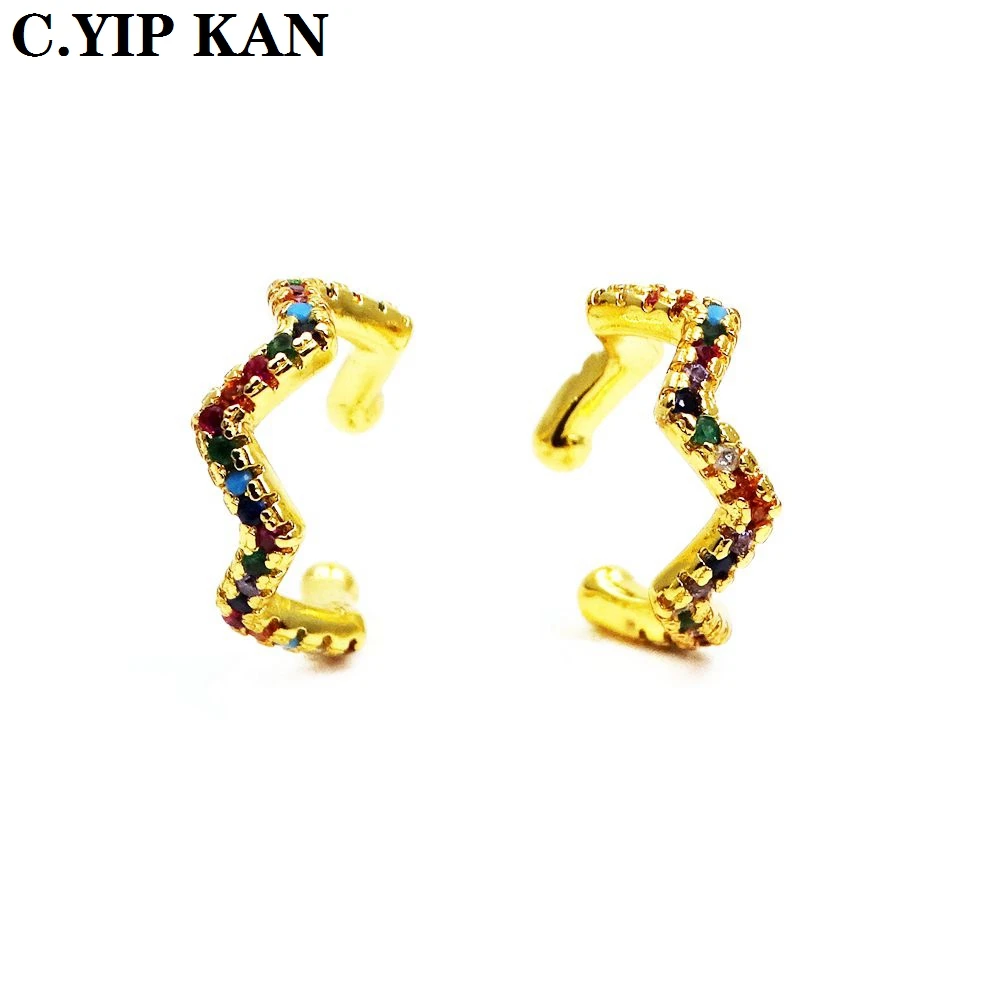 C.YIPKANU-shaped gold-plated ear clip copper micro inlay color zircon curved round point curved earmuff non hole earring ear bon