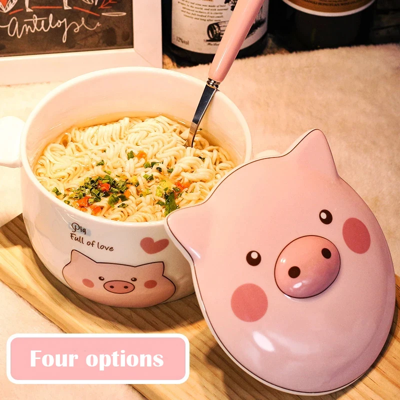 Ceramic Ramen Rice Bowl Cute Kawaii Cartoon Pig Instant Noodle Bowl  Fruit Salad Soup Bowls Mug Tableware Kitchen Accessories