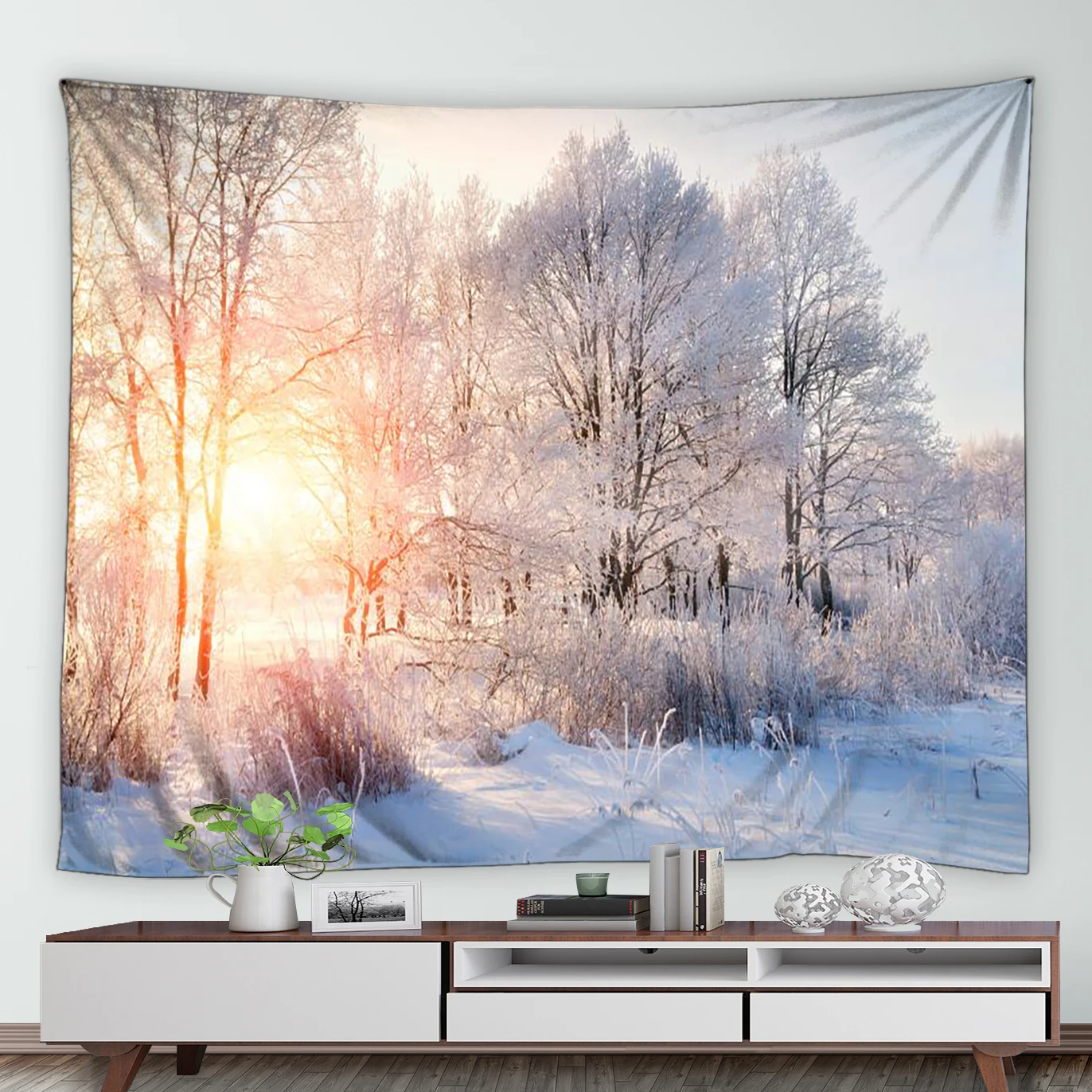 Winter Forest Tapestry Sunshine White Snow Trees Natural Landscape Wall Hanging Retro Wooden Bridge Cedar Home Room Tapestries