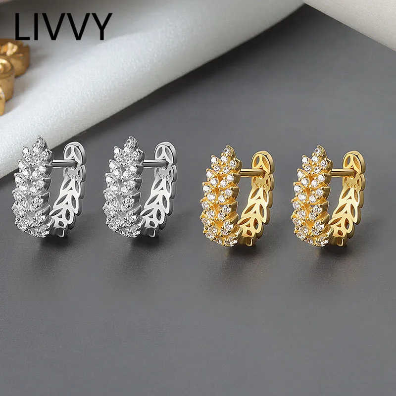 LIVVY Silver Color Full Zircon Wheat Ear Hoop Earrings Female High-end Light Luxury Fashion Exquisite Jewelry Gift