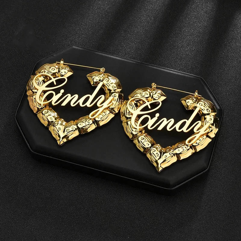 Custom Name Earrings Bamboo Heart Hoop Earrings Love Shape Customized Letter Earrings Heart Shape Bamboo Earring for Girls