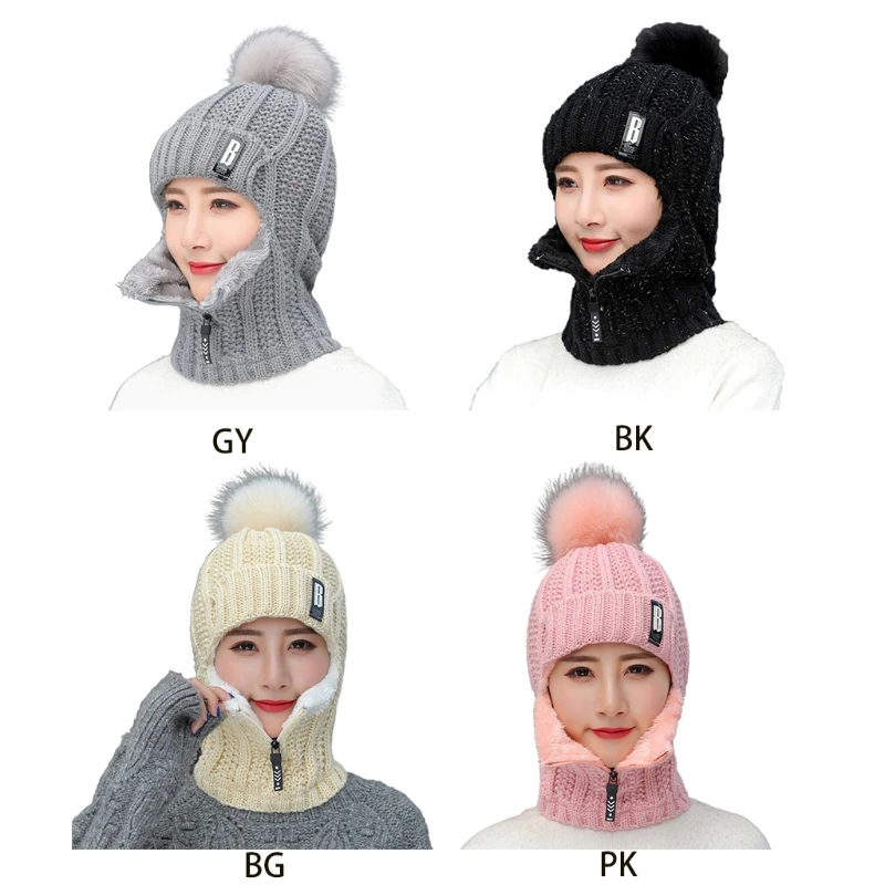 Set Syal Wajah Penghangat Leher Topi Rajut Musim Dingin 2-In-1 Ritsleting Beanie Rajut