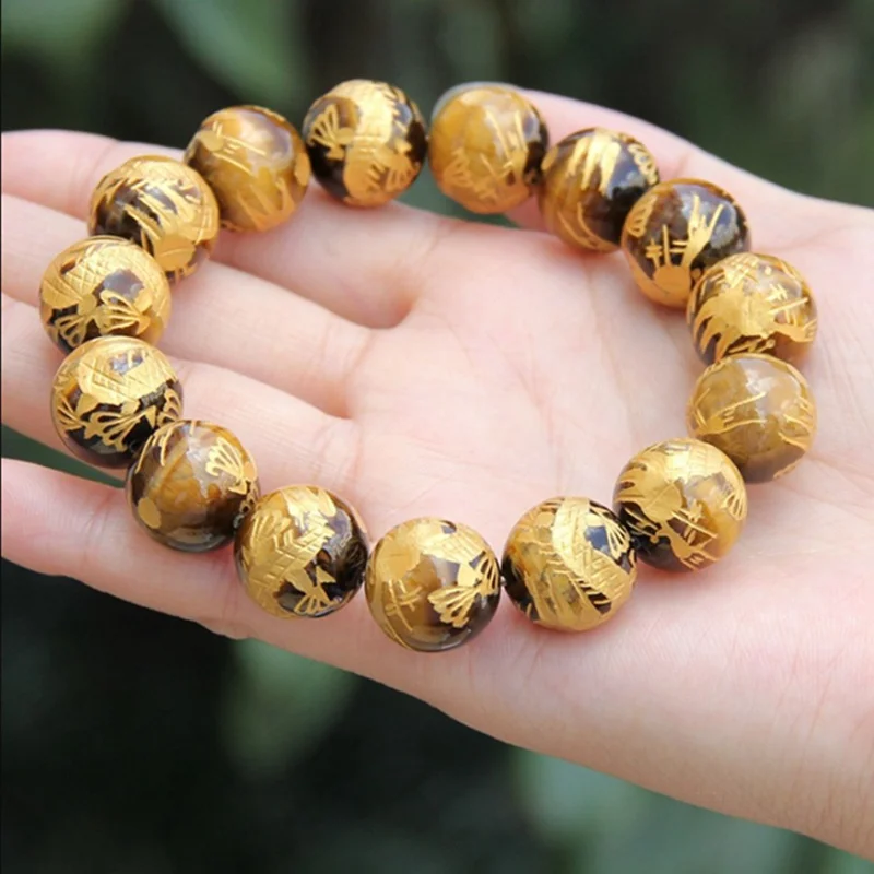 

14mm Natural Tiger's eye Carved Dragon Gemstone mala Bracelet Handmade men Meditation Gemstone pray Tibet silver Unisex Prayer