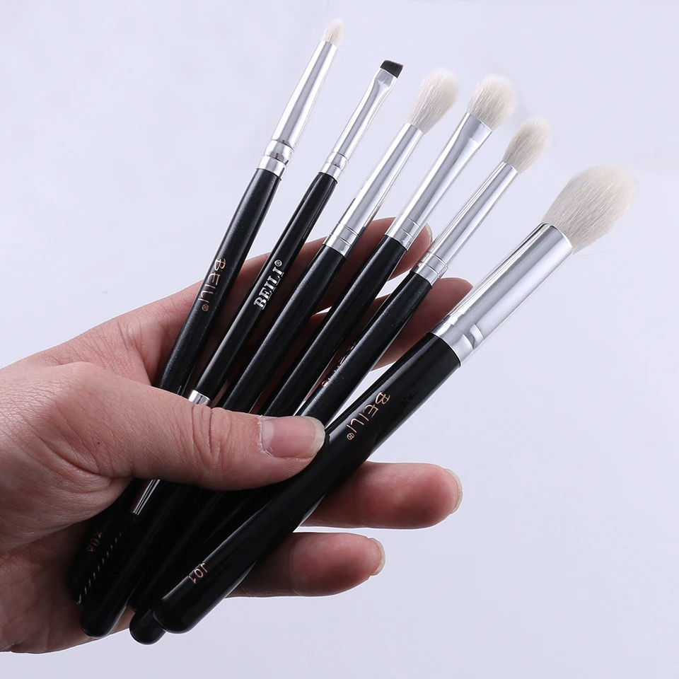 BEILI Professional Makeup Brushes 6Pcs Black Natural Goat Hair Make Up Brush Kit Eyeshadow Blending Eyebrow Eyelash Makeup Tool