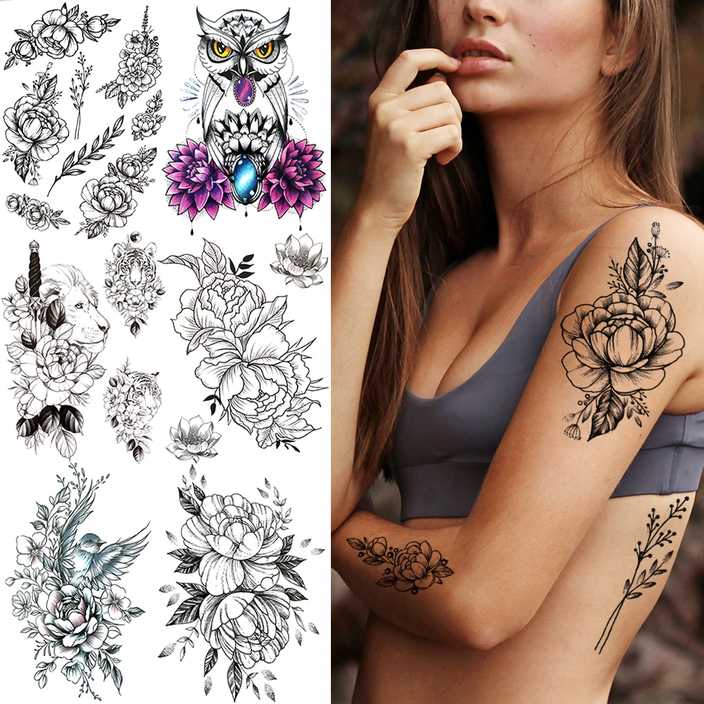 Realistic 3D Peony Flower Temporary Tattoos For Women Girls Dahlia Owl Lion Bird Fake Tattoo Sticker Large Body Art Tatoo Paste