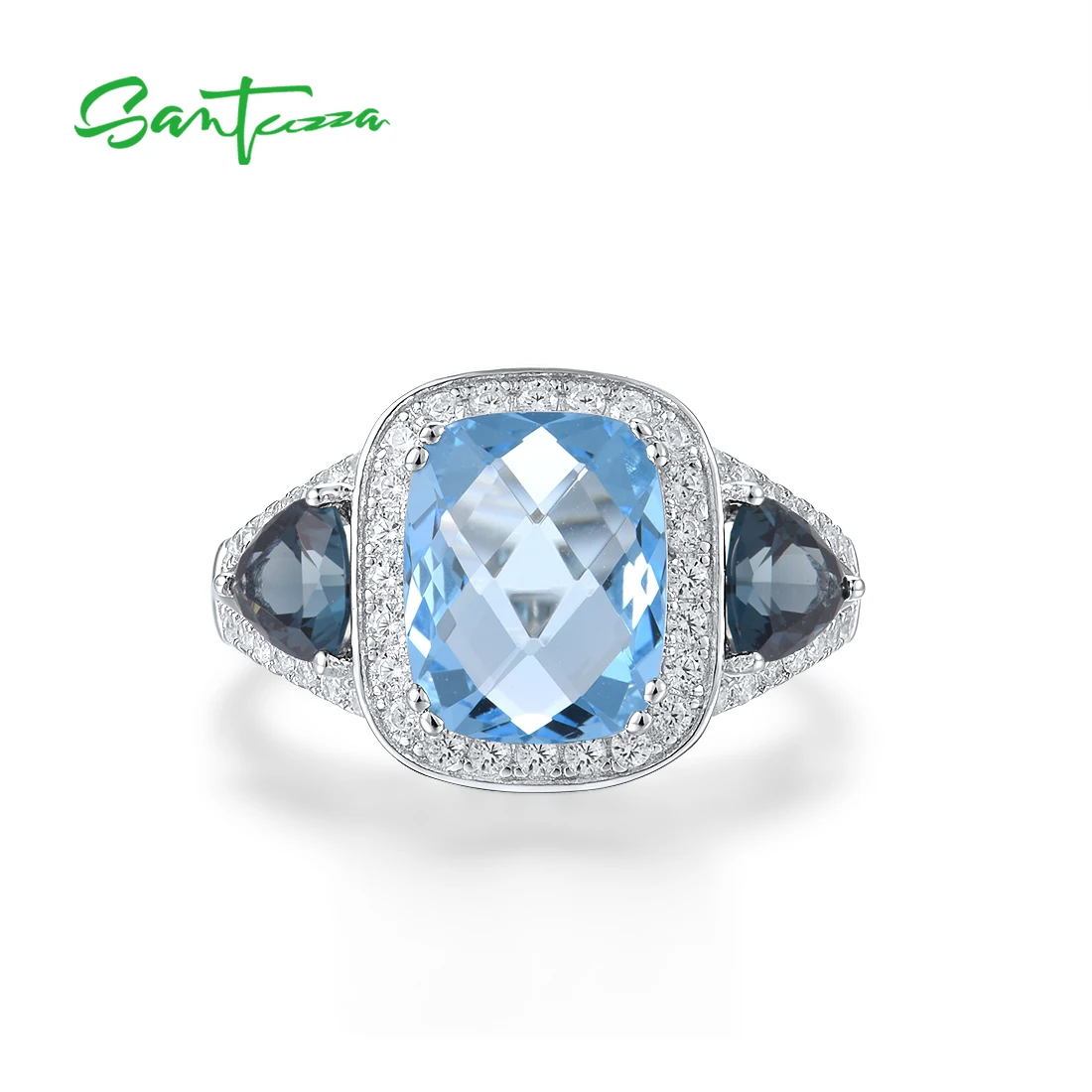 SANTUZZA Silver Ring For Women Genuine 925 Sterling Silver Sparkling Solitaire Blue Stones Stunning Trendy Party Fine Jewelry