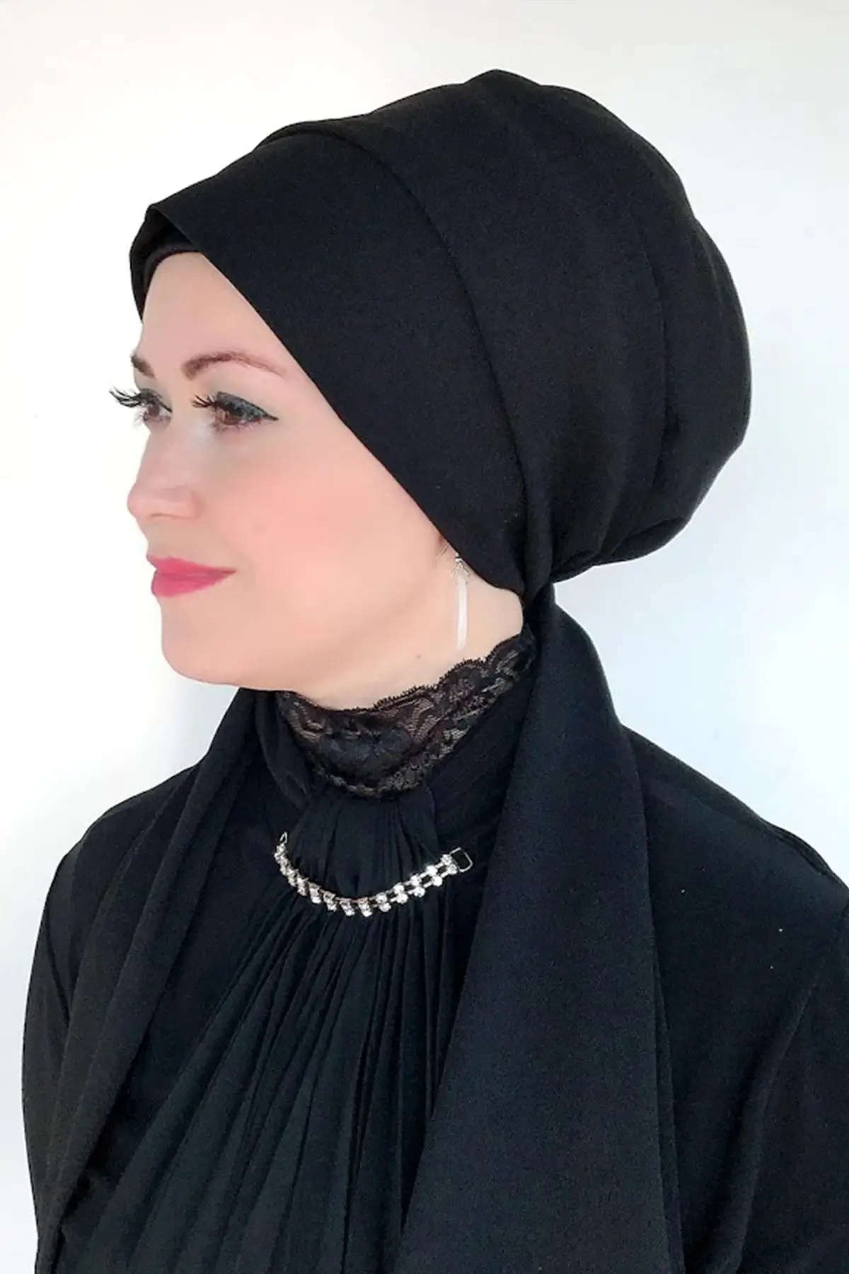 Black Flat Ready Horsehair Bone Hijab Turban