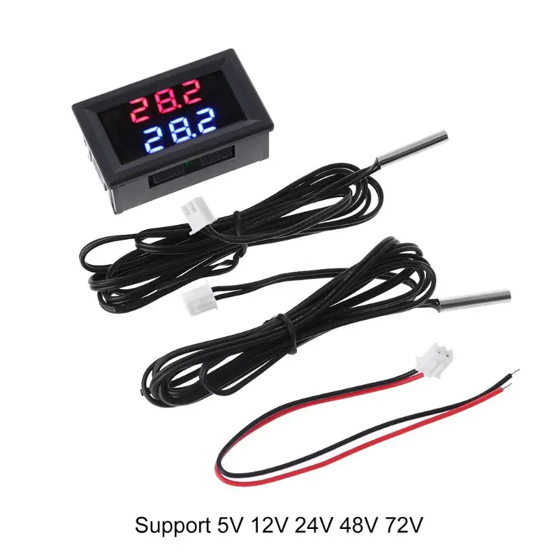 2024 New Dual Display DC 5V-80V Thermometer w 2 NTC Waterproof Temperature Sensor 12V 24V 72V Car Motorcycle